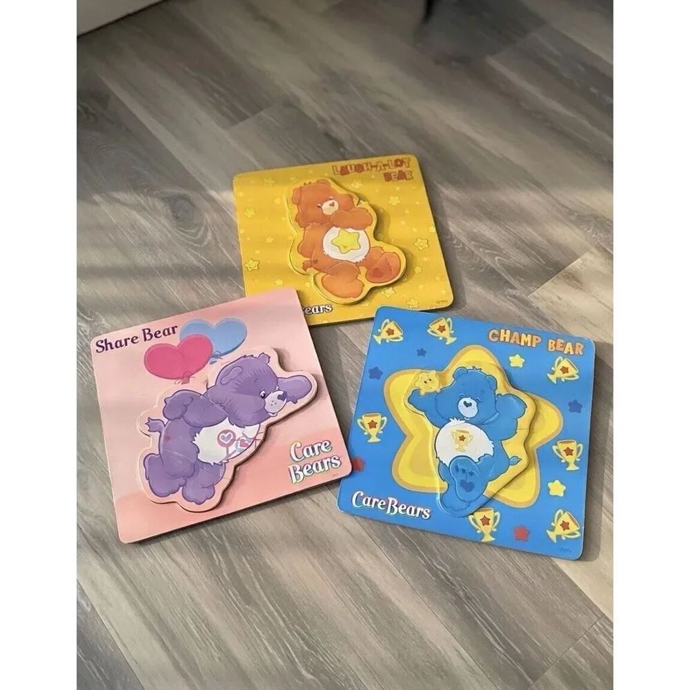 Care Bear Wooden Inlay Puzzles Tenderheart Love-a-Lot Laugh Funshine Bears 3 PCs